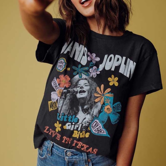 Tops - Boho Black Janis Joplin Floral Graphic Tee Rock